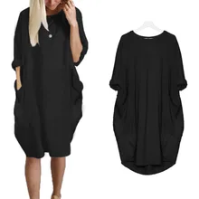 Plus Size Women's Dress Ladies Casual Pocket Loose Harajuku Dress Crew Neck Tops Dress female New fuzzy double pocket loose dress