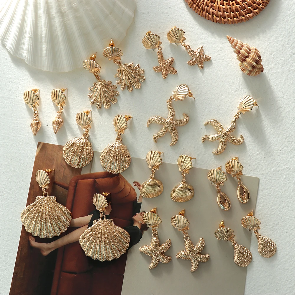 

1 Pair Women Gold Color Geometric Irregular Shell Starfish Conch Statement Brincos 2019 New Fashion Earrings Party Jewelry