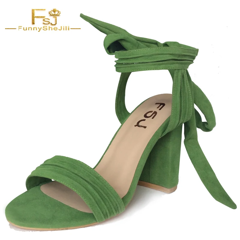 NEW Summer Green Ankle Strap Shoes High Quality Suede Womens Thick