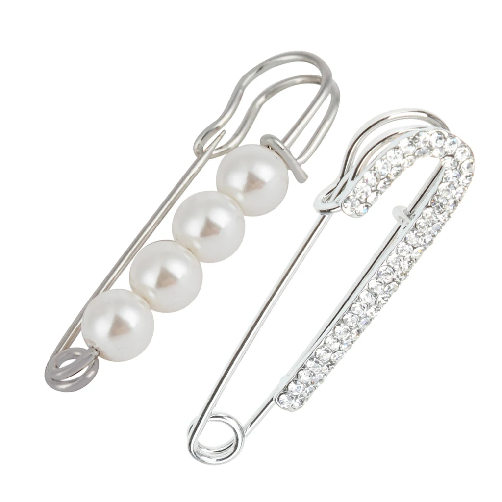 2 pcs Lady Scarf Cloth Crystal Rhinestones Pearl Safety Pin Brooches Fashion Jewelry for Wedding Bridal Gown Evening Dress 