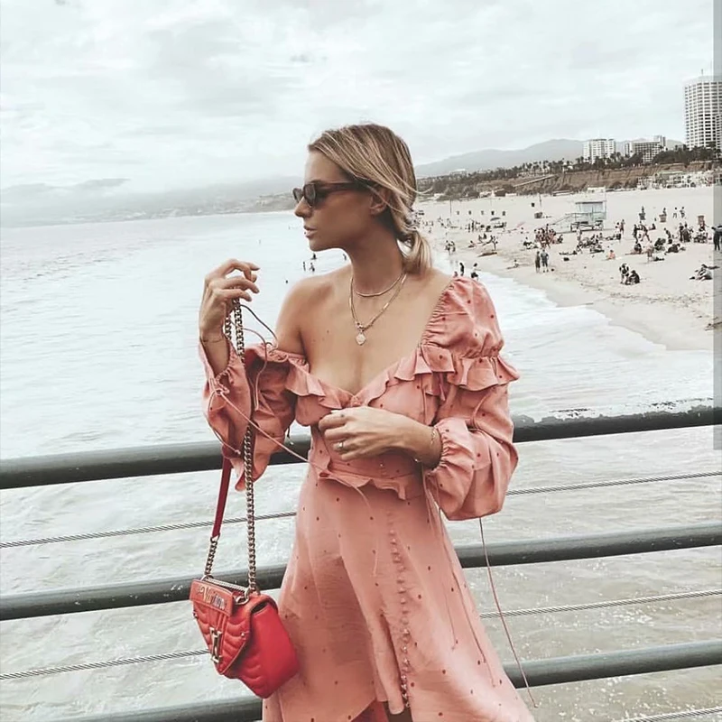 Элегантный Виктория в винтажном стиле летнее платье розовый оборками квадратный воротник высокой талии пляжного отдыха Асимметричный