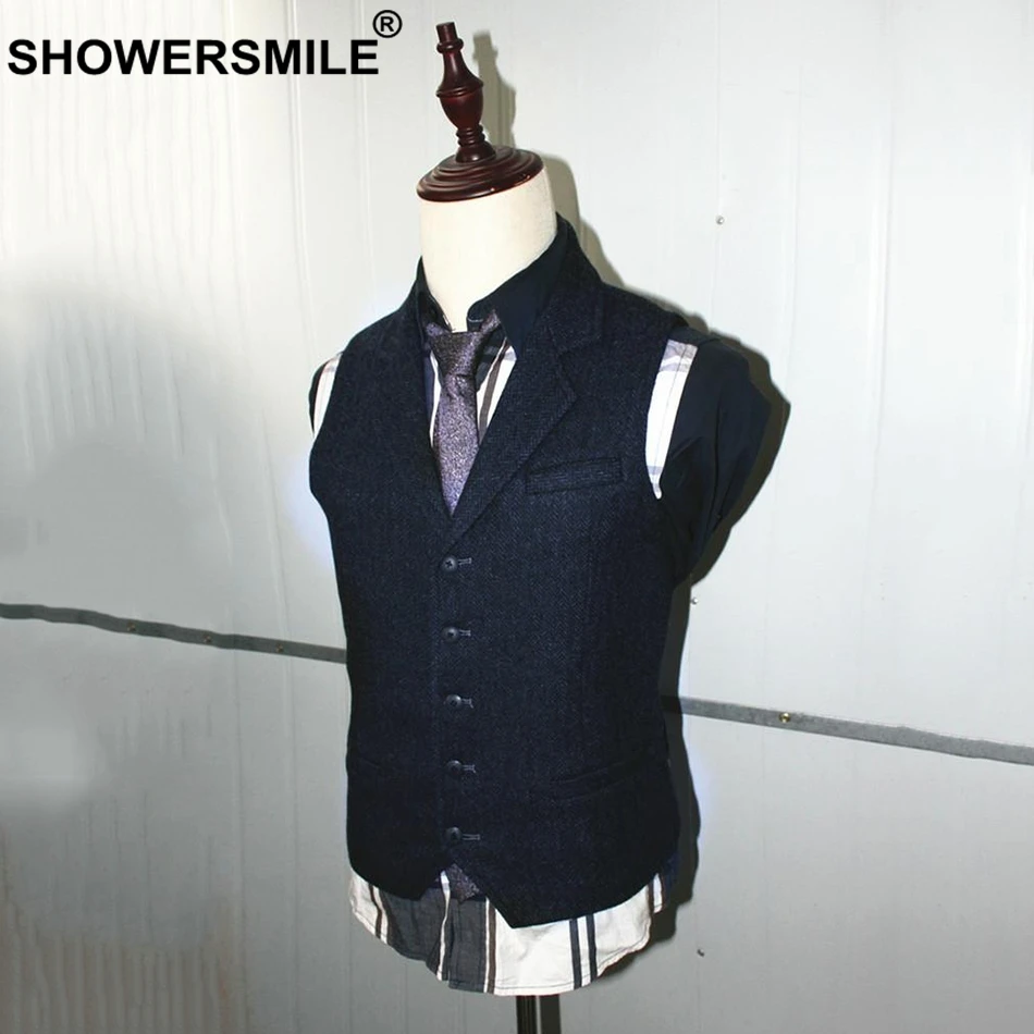 SHOWERSMILE Vest 2019 Woolen Waistcoat Winter Men Coffee Sleeveless Jacket Male British Vintage Herringbone Thicker Clothing