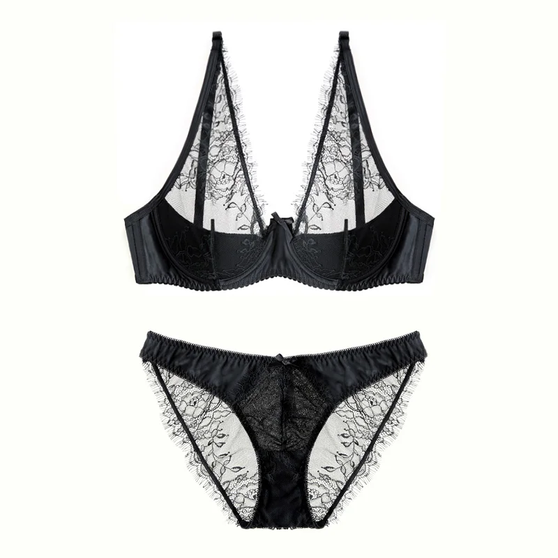 

Europe style thin cup cotton young ladies underwear lash transparent sexy women summer bra set lace female lingerie plus size