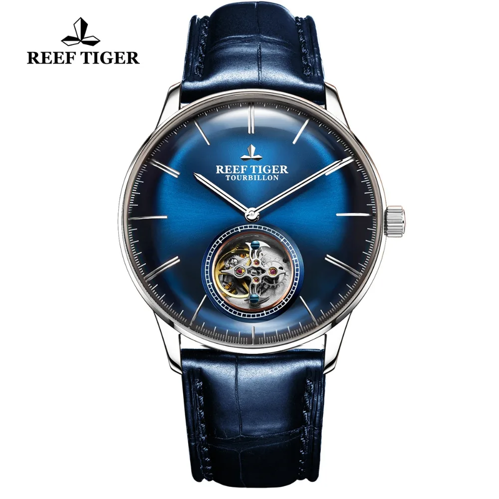 Reef Tiger/RT Luxury Brand Automatic Mechanical Watches Blue Tourbillon Watch Men Leather Strap relogio masculine RGA1930