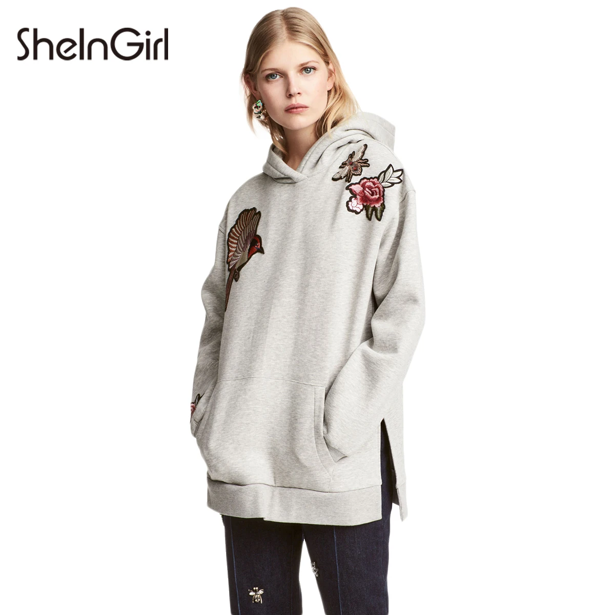 Sheingirl brand women grey embroidery casual sweatshirts split side Sheingirl brand women grey embroidery casual sweatshirts split side