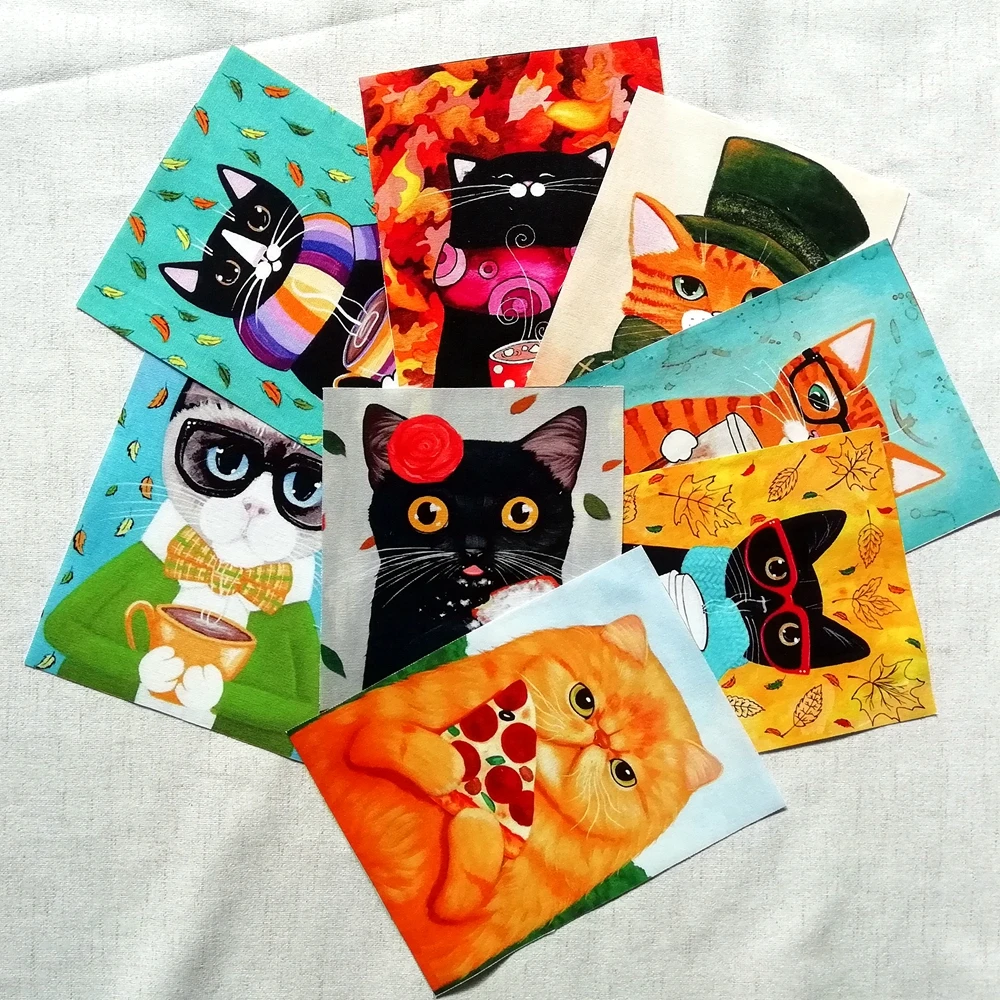 

1PCS 15*20cm Cute Dessert Cat Print Hand Dyed Cotton Linen Fabric Telas Sewing DIY Patchwork Hand Embroidery Quilting Bag Tecido