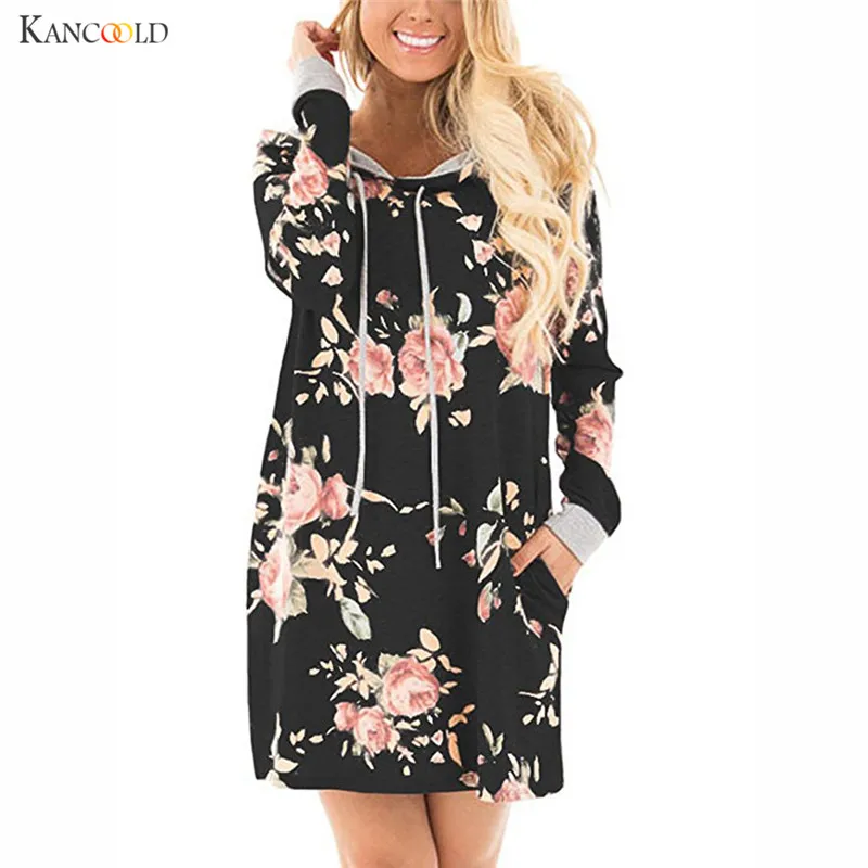 

Hoody Dress Women Fashion Autumn Flower Print Bohemain Loose O-neck Floral Printing Women Dresses Vestidos Robes Femme se202