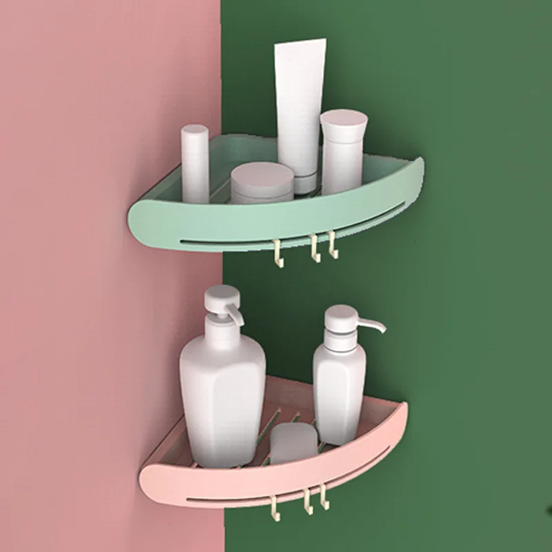

Traceless Bathroom Corner Storage Rack Kitchen Organizer with Hooks Shower Shelf Corner Storage Kitchen Sticky Holder 33*24*5cm