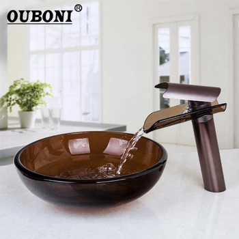 

OUBONI Brown Round Hand Paint Bowl Sinks Vessel Basin Tempered Glass Sink Waterfall Faucet Tap Water Drain Bathroom Sink Set
