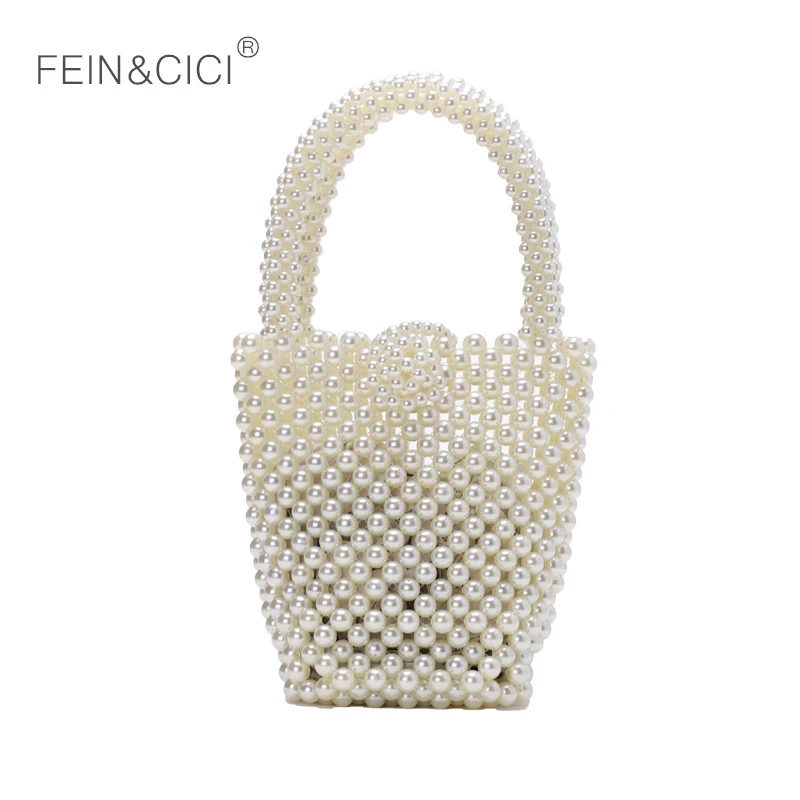 Pearls Bag Acrylic Beaded Bucket Bag Women Elegant Totes Handbag White 