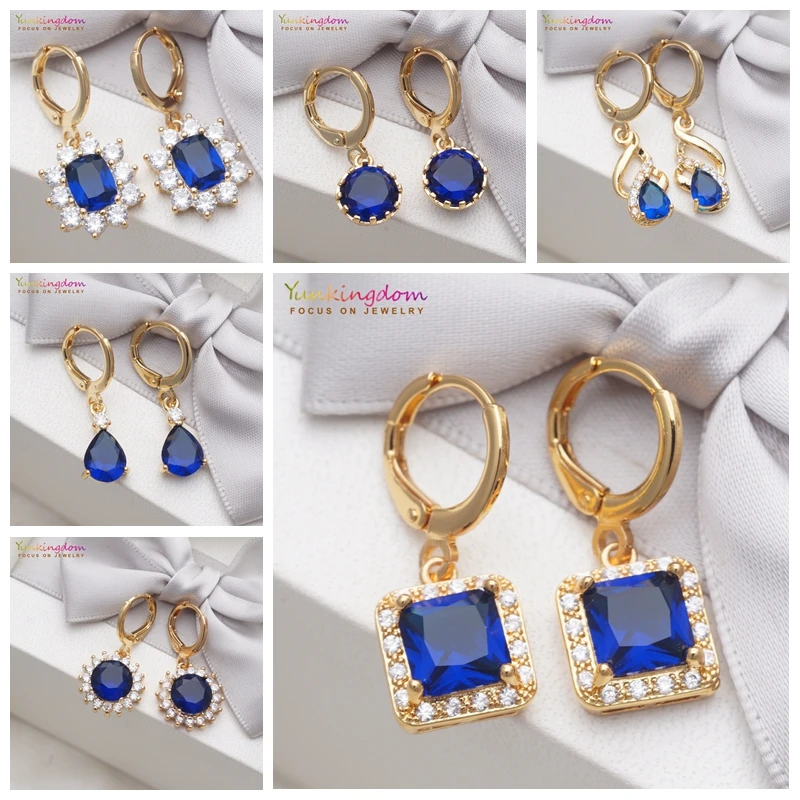 

Yunkingdom Party Fashion Gold Earrings Cubic Zirconia Blue Crystal Long Earrings for Women Drop Earrings 2019 New