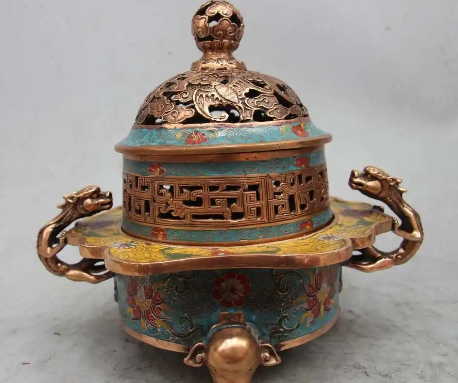 

9" Marked Chinese Bronze Cloisonne Dynasty Palace Dragon elephant Incense Burner