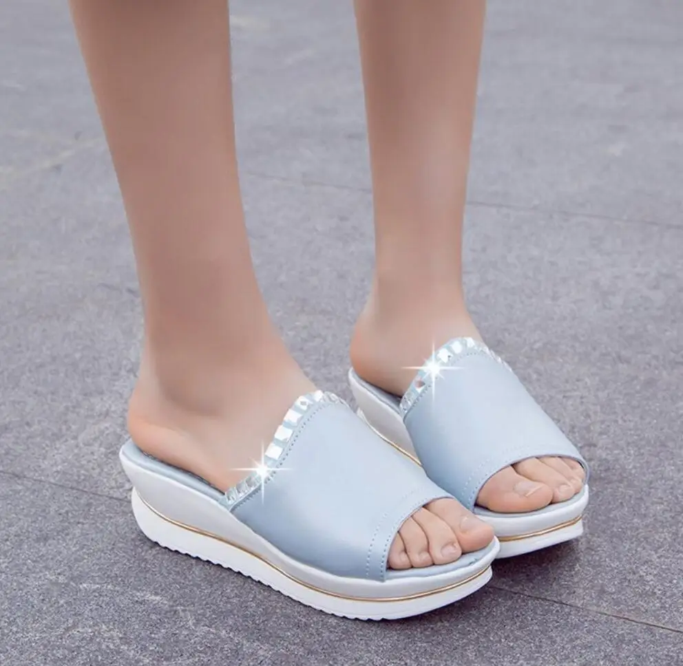 

Peep Toe Women Slide Rhinestone Wedges Slippers Summer Handmade Ladies Sexy terlik Comfort Platform High Heels mules shoes women