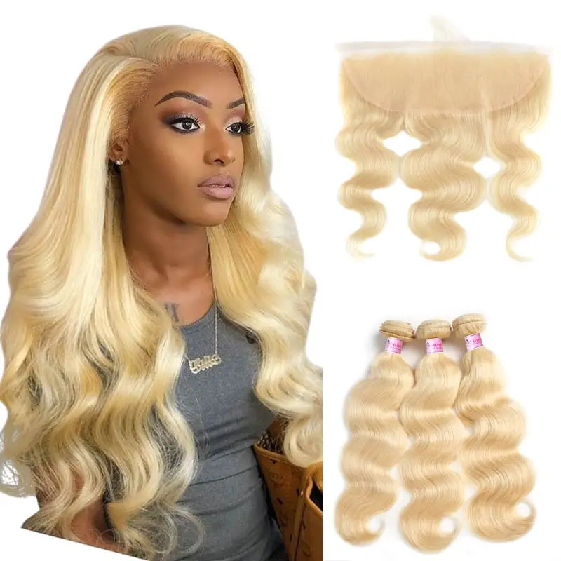 Купить светлые пучки с фронтальным изготовлением блонд кружева передний парик бразильские волнистые 613 пучков с фронтальным Фунми
