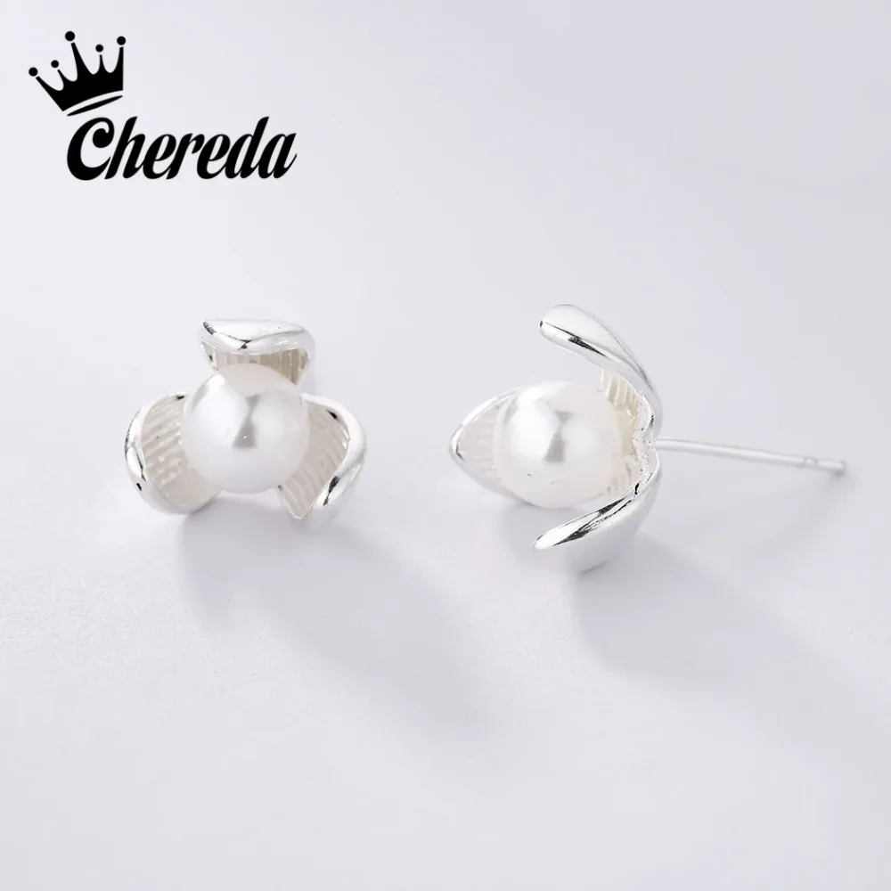

Chereda 925 Sterling Silver Luxury Shiny Crystal Imitation Pearl Flower Stud Earring Women Jewelry Female Engagement Gift
