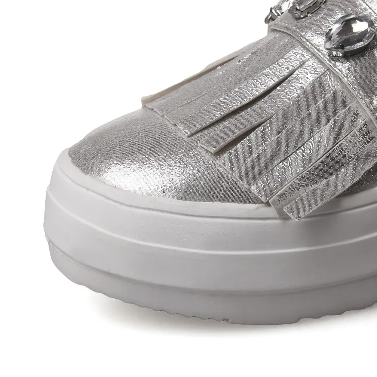 2018 NEW Women Easy White Silver Shoes PU Leather Flats Slip On Loafers Crystal Tassel  Female Light Sneakers Women Size 31-43 (18)