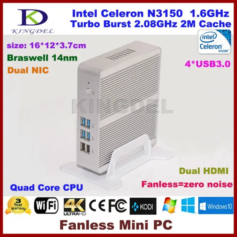 Windows10 Celeron Mini PC, NUC тонкий компьютер, HTPC, Intel Celeron n3150 braswell Процессор, 4 ГБ Оперативная память, 64 ГБ SSD 2 * HDMI, 2 * NIC, 4 * USB 3.0