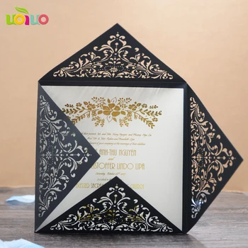 

10Pcs Sample black four side open flower Laser Cut Wedding Invitation Card Customizalbe Envelopes & Inner Card & Party Supplies