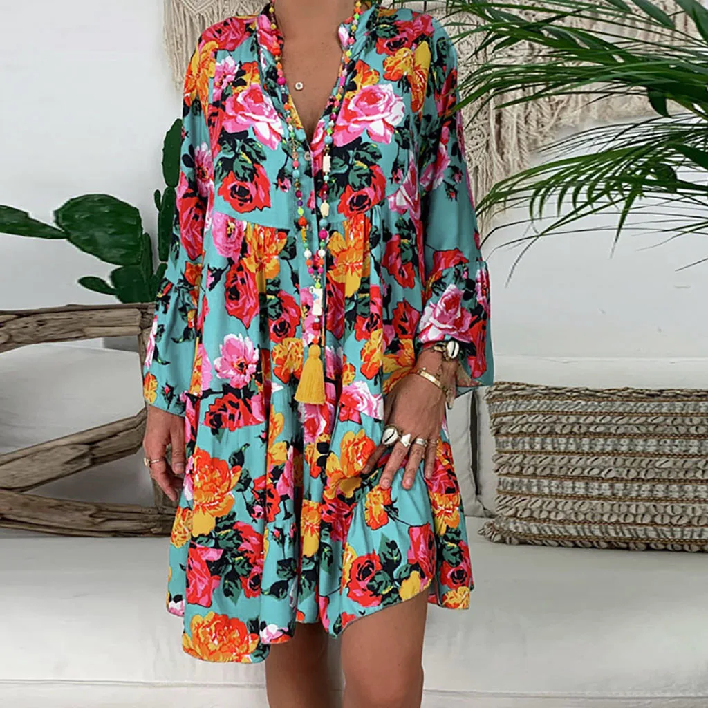 

Women Summer Dress Loose Print Short Sleeve V Neck Party Dresses Casual Summer Dress 2019 Beach Dresses vestidos de verano NEW