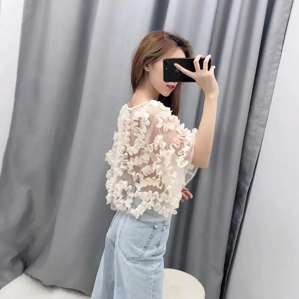 Summer beige mesh blouse shirt women top tulle see-through wavy Coiling decoration Casual stylish charming blouse femme blusas