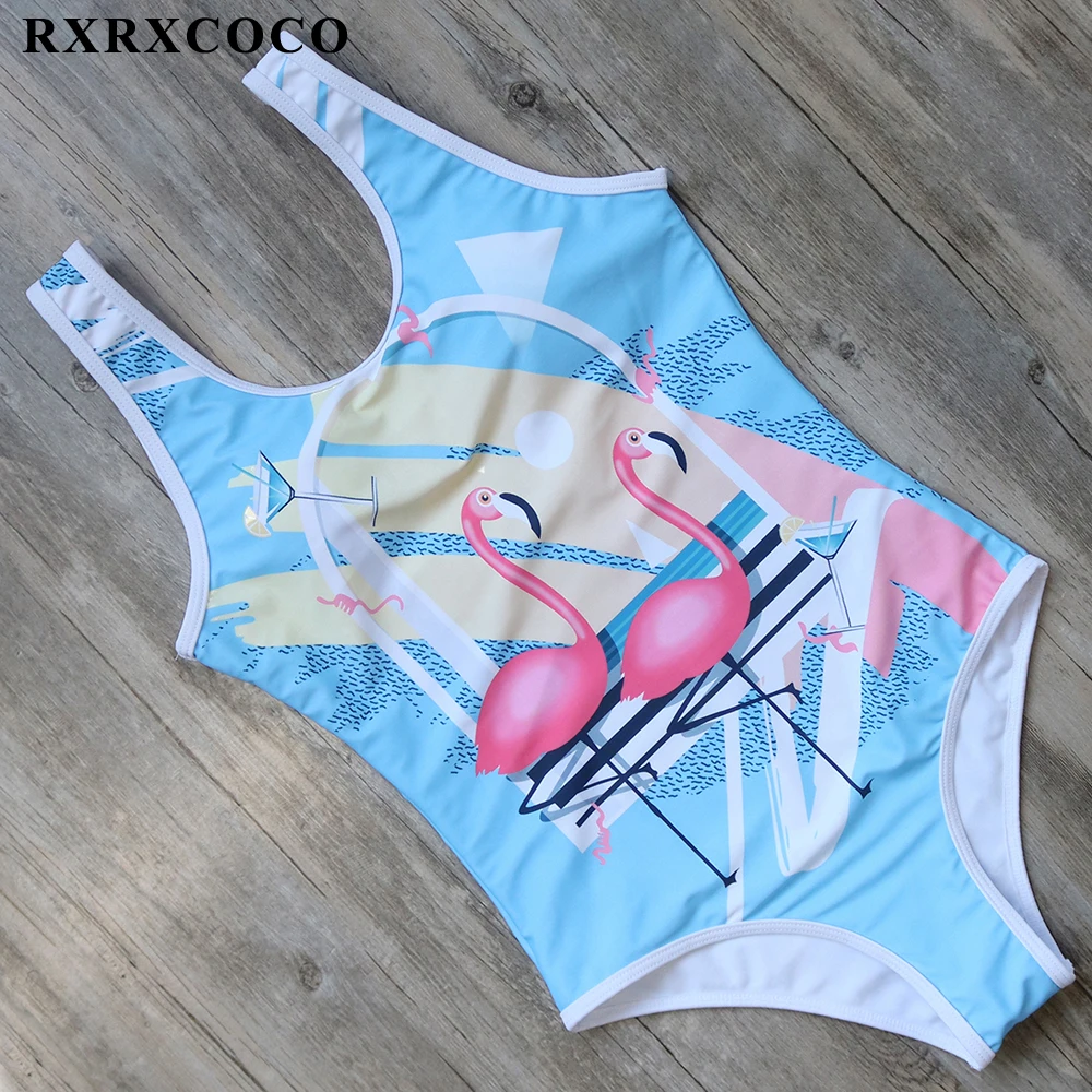 

RXRXCOCO Brand 2018 Hot One Piece Swimsuit Sexy Women Swimwear Flamingos Printed Bathing Suit Push Up Backless Monokini Bodysuit