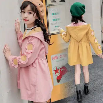 

2019 New Spring Autumn Teenage Girl Trench Coats Cotton Hooded Zipped Fashion Children Long Outerwear Jacket Costume Clothes W22