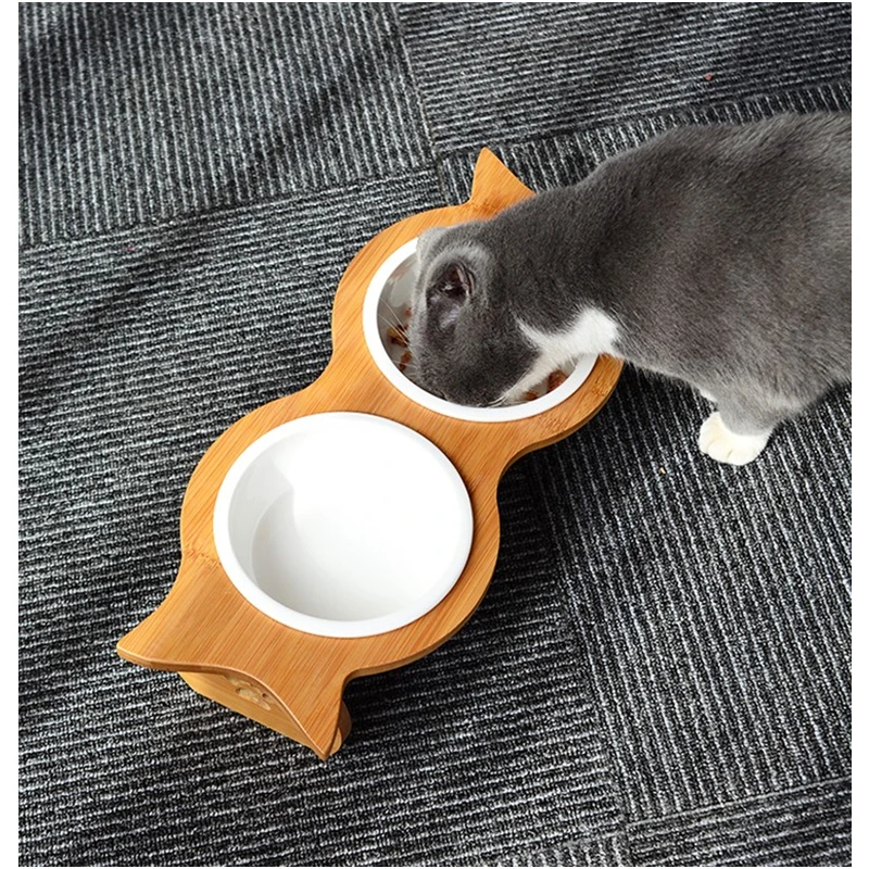 ПЭТ миска для кота, собаки чаша бамбук деревянный каркас Керамика Нержавеющая сталь двумя чашами с домашним животным Еда стол с углом Повышение дизайн - Цвет: Ceramic