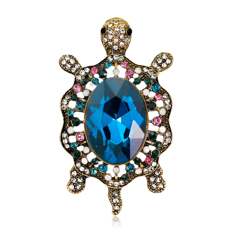 Fashion Blue Glass Rhinestone Tortoise Brooches Women Men Metal Animal Gold Color Brooch Pins Banquet Broche Gift Scarf Buckle | Украшения