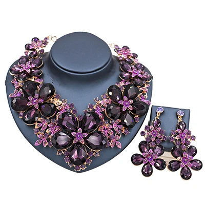 LAN дворец parure bijoux femme Свадебные украшения ювелирный набор большие цветы ожерелье и серьги Вечерние - Окраска металла: purple