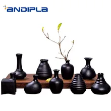 Minijarrones de cerámica negros de estilo japonés, mesa de oficina, plantas hidropónicas Vintage, jarrón de flores, decoración del gabinete del vino para el hogar, artesanías