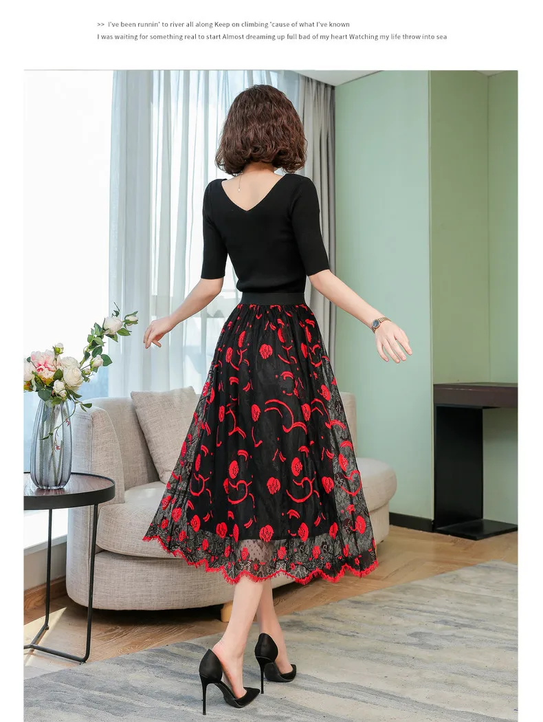 Черная красная кружевная юбка миди, женская элегантная летняя длинная юбка, эластичная юбка с высокой талией и цветочным принтом, 3243LY