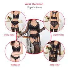 Varsbaby, сексуальный кружевной бюстгальтер пуш-ап и трусики, комплект, прозрачный халат+ бюстгальтер+ трусики+ чулки+ y-образные лямки+ стринги, 7 шт