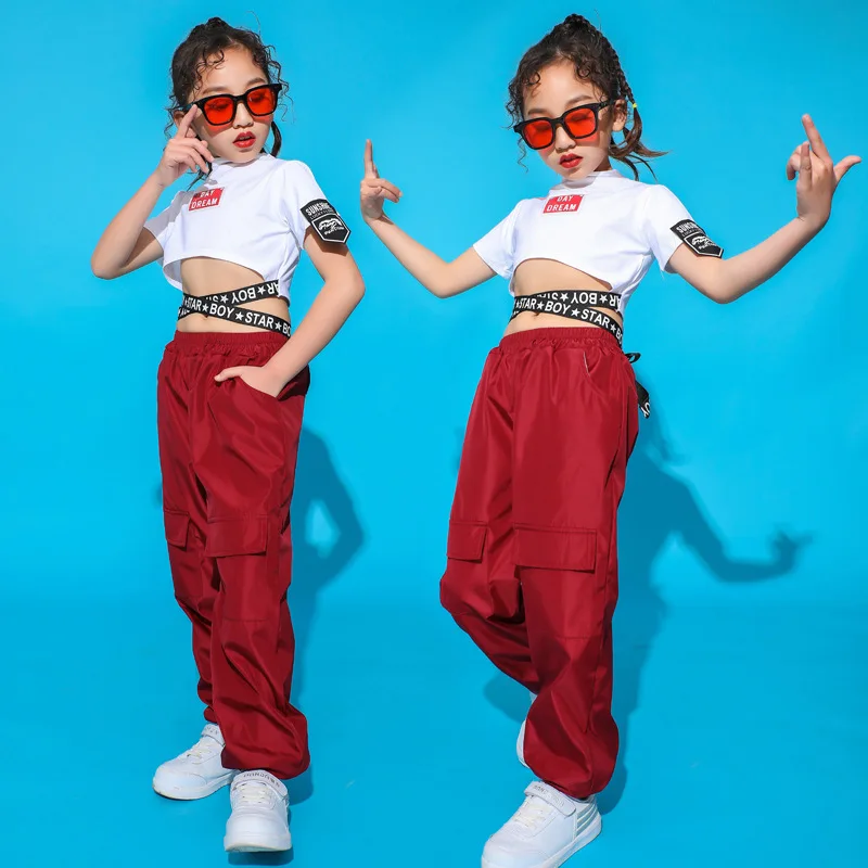 

Kids Hip Hop Pant Ballroom Dancing Costumes for Girls Boys T Shirt Crop Tops Red Overall Jogger Pants Jazz Dance Clothes Suits