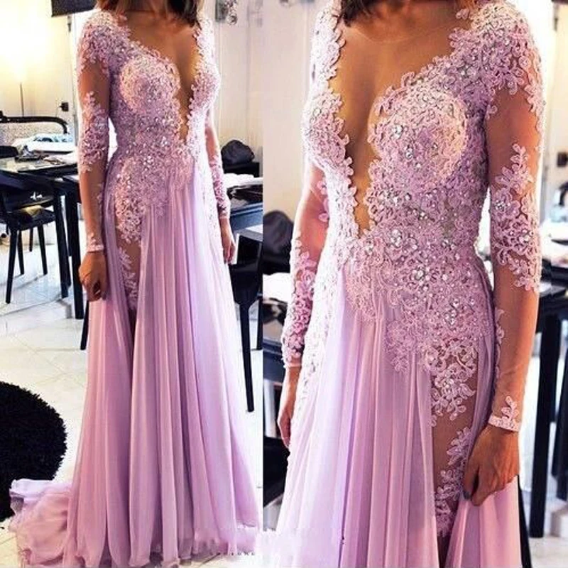 Lilac Muslim Evening Dresses 2019 Long Sleeves Lace Beaded Chiffon V-Neck A-Line Illusion Prom Party Maxi Long Evening Gown Lilac Muslim Evening Dresses 2019 Long Sleeves Lace Beaded Chiffon V-Neck A-Line Illusion Prom Party Maxi Long Evening Gown