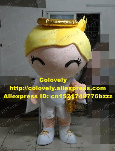 Живой белый Ангел маскарадный MASCOT-костюм Ангел ангельским мальчик взрослый с золотой Halo желтый густые волосы № 3599