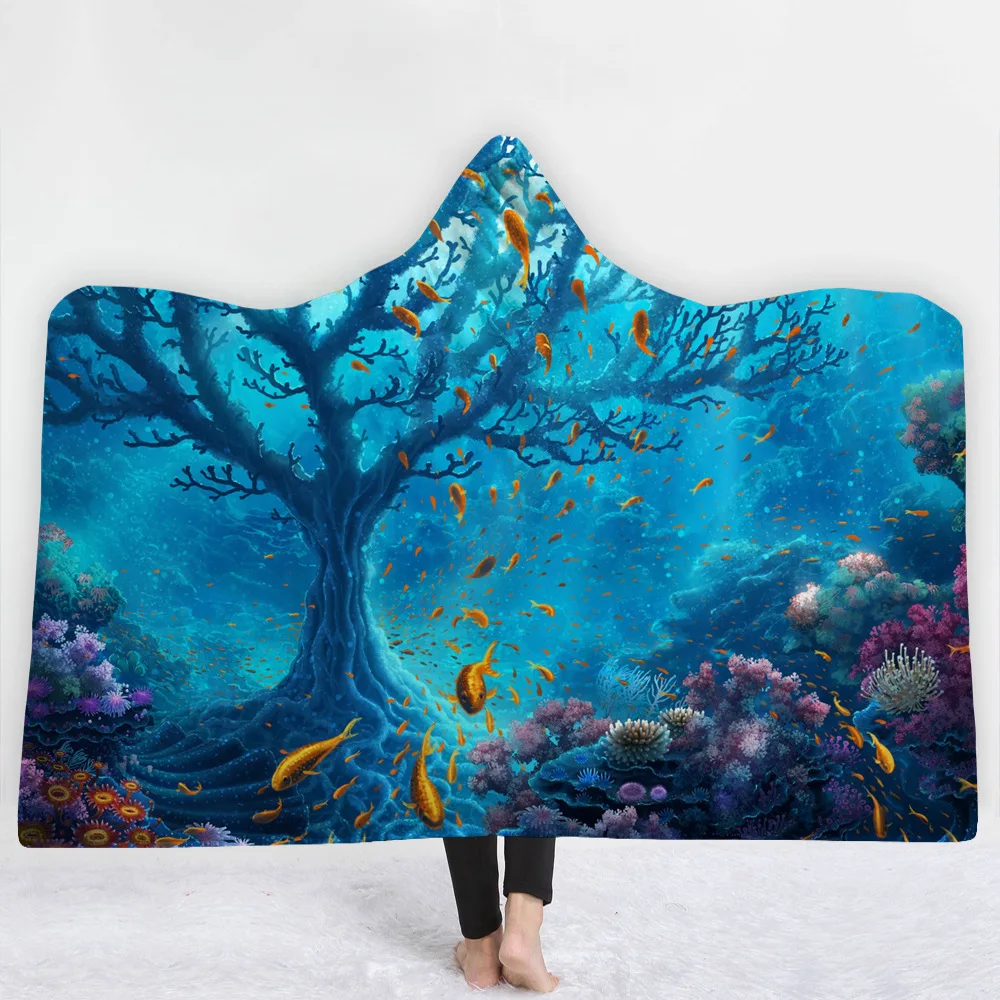 

Ocean Seaside Deep Sea Nature Scenery 3D Printed Plush Hooded Blanket for Beds Warm Wearable Soft Fleece Throw Blankets