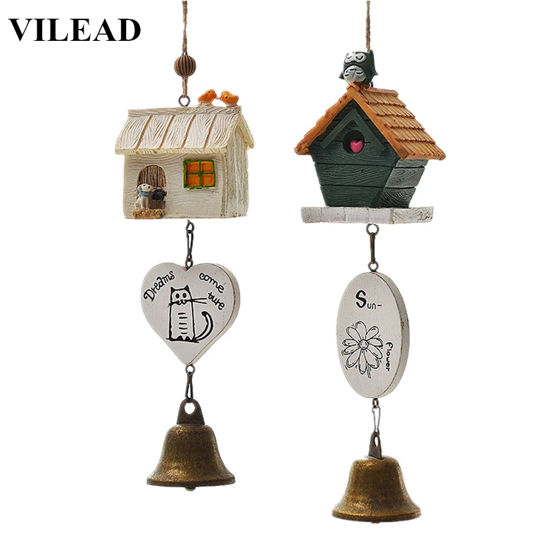 

VILEAD Resin Chalet Wind Chimes Lovely Owl Little House Windchime Home Decoration Animal Hanging Ornament for Wall Door Decor