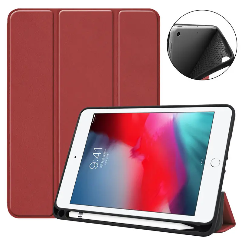 Чехол для iPad mini 4 mini5 mini 5 7," Smart Cover Funda с держателем-карандашом, защитный чехол-подставка из искусственной кожи+ подарок - Цвет: Wine red