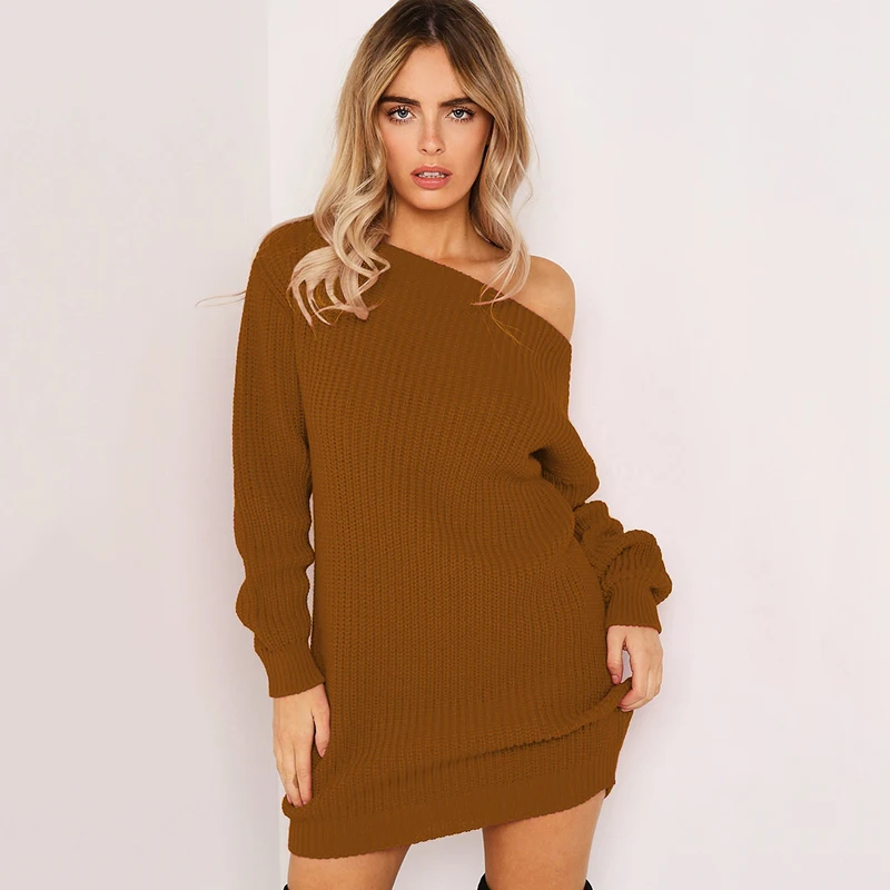 

Spring Autumn Dress Knit Warm Mini Dress Loose Pullovers Sexy One Shoulder Patry Dress Vestidos Women Knitted Sweatwer Dress