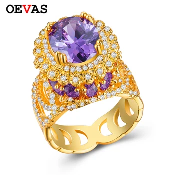 

OEVAS Purple Yellow Red Oval Crystal Luxury Zircon Gold Color Wedding Rings For Women Top Quality Engagement Party Fine Jewelry