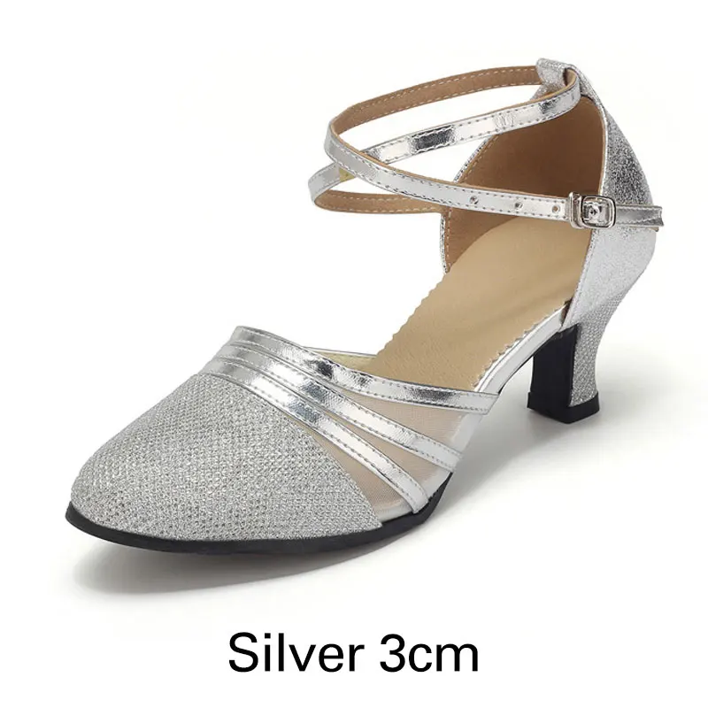 Обувь для латинских танцев для женщин/девушек/Сальса с закрытым носком, бальные туфли, танцевальная обувь на каблуке 3/5 см, женская обувь для танго, мягкая резиновая подошва - Цвет: Silver 3cm