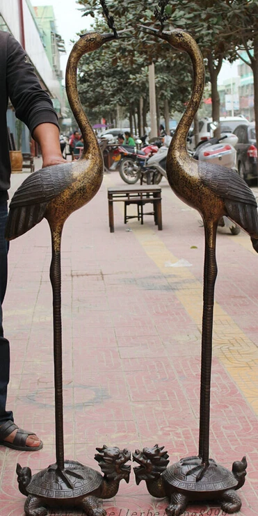 

JP S0610 59" Chinese Bronze Copper Crane On Dragon Turtle Statue Candle Stick Holder Pair (B0413)