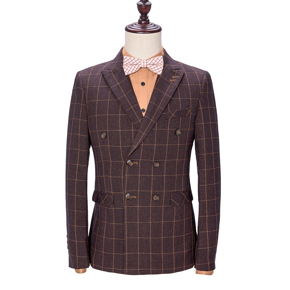 

OSCN7 Plaid Double-breasted Tailor Made Suits Men 3 Piece Gentleman Business Wedding Custom Made Mens Suit Blazer Customize 02