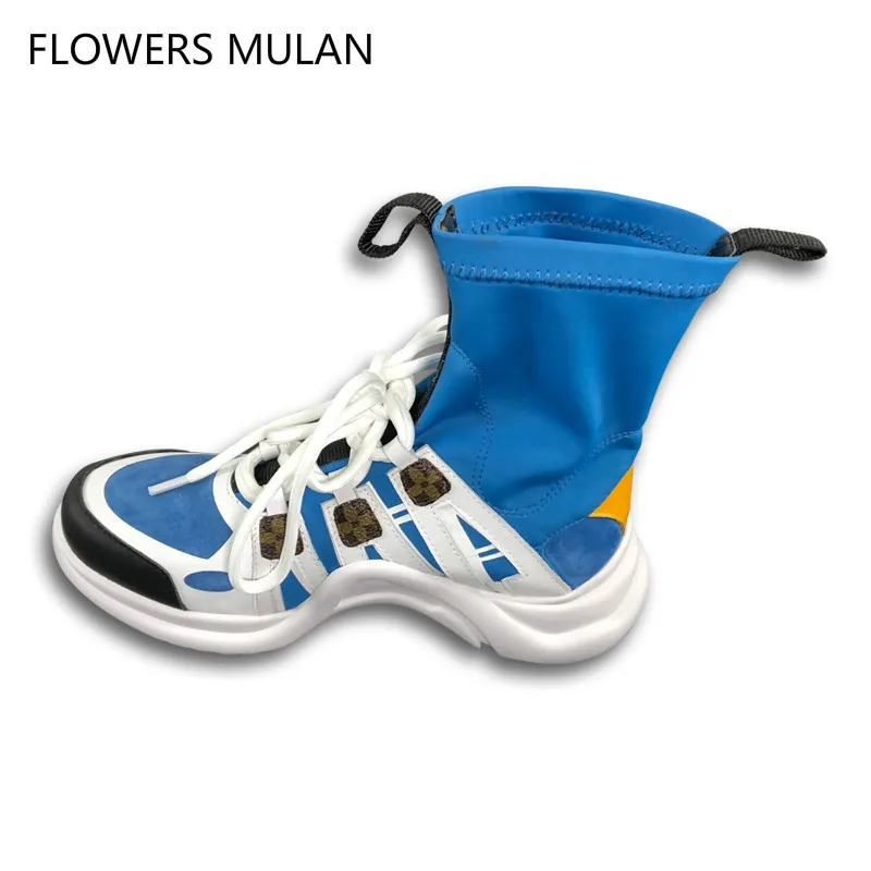 

Blue Black Stretch Fabric With Leather Archlight Ultra Fashion Booties Chunky Heels Women Boots Sneakers For Women's