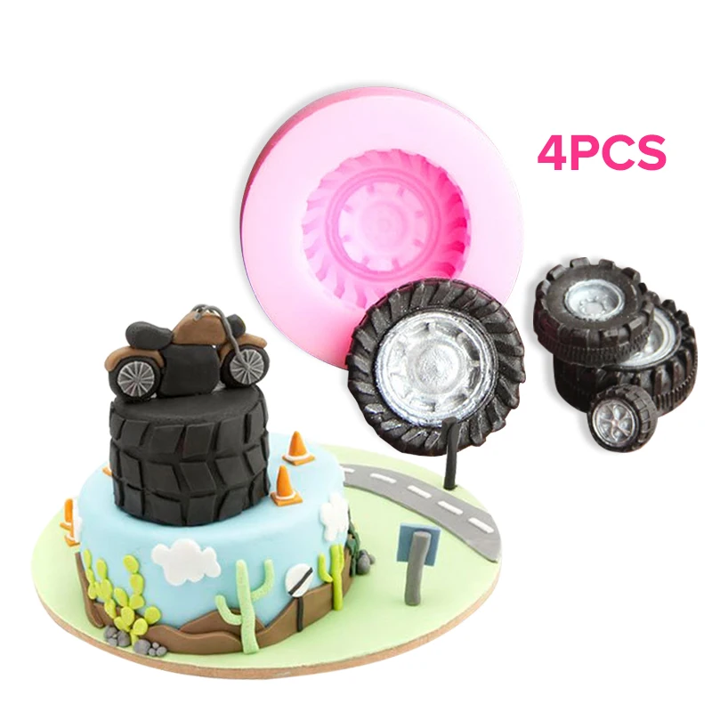 Silicone Tires Wheel Fondant Cake Molds 4PCS Chocolate Cookies Mould Bakeware Home Kitchen Baking Decorating Tools