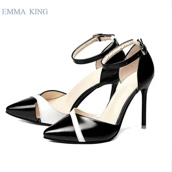 

Women Black White Patchwork Design Pumps Sexy Stiletto High Heels Single Shoes Woman Fashion Buckle Strap Pointed Toe Pumps