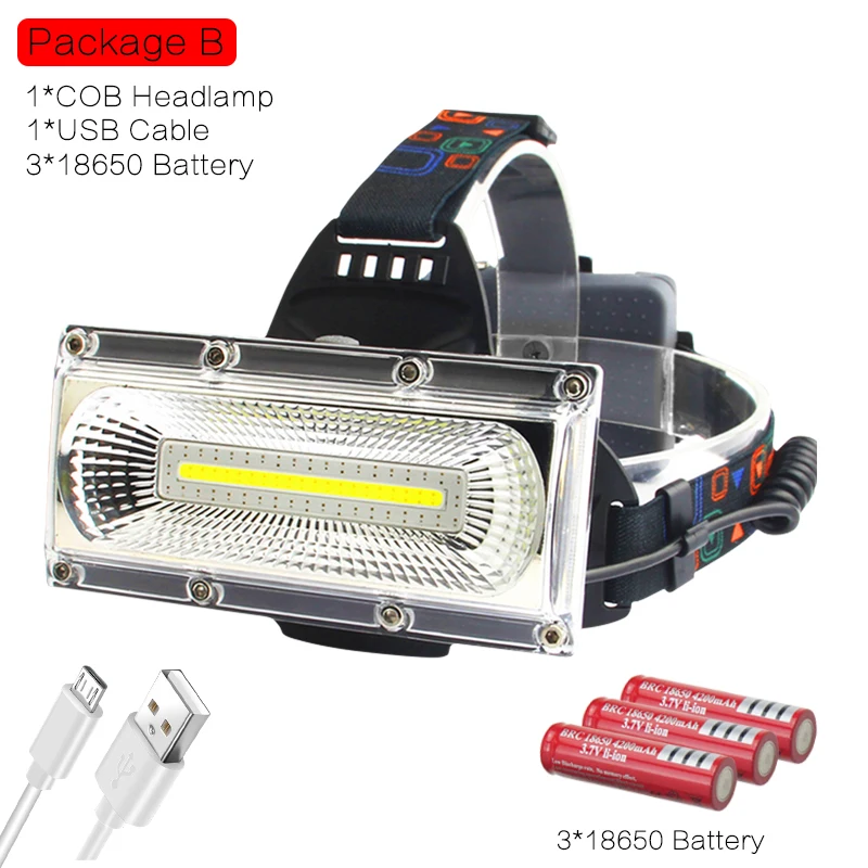 Высокая Мощность COB светодиодный головной светильник USB Перезаряжаемые фара красно-белый и синий светильник с 3 режимами налобный фонарь Водонепроницаемый Охота светильник Инж - Испускаемый цвет: with battery