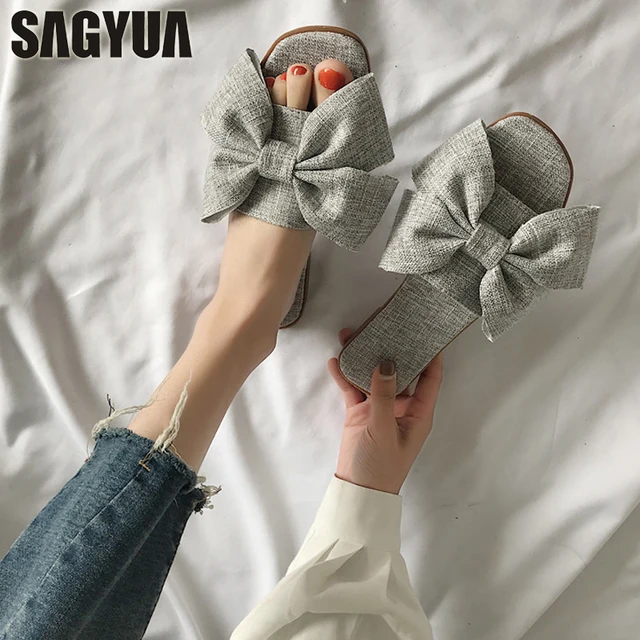 Yount Summer Women Girlish Casual Sweet Bowknot Babouche Peep Toe Scuff Slides Beach Soft Rubber Flat Slippers Shoes Mules T509