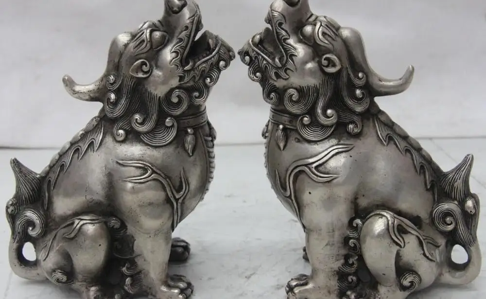 

Old Chinese Silver Fengshui Guard Foo Fu Dog Lion Brave troops Beast Statue Pair