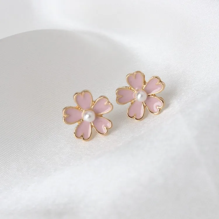 

2016 Free Shipping Factory Direct Sale Japanese Style Art Fresh Fresh Pink Series Imitation Pearl Enamel Cherry Women Earrings